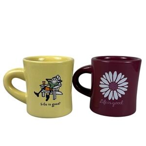 Life is Good 8 oz Coffee Tea Mug Cups Beach Daisy Stoneware Lot of 2 Bundle